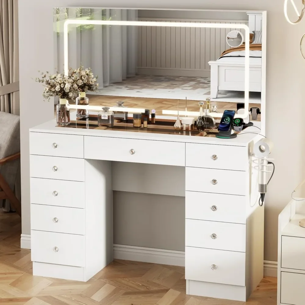 

Vanity Desk with Mirror and Lights, 11 Drawers Makeup Vanity Desk with Tempered Glass top, 3 Lighting Modes Adjustable Brightnes