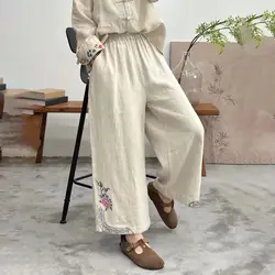 Embroidered Cotton and Hemp Summer Ethnic Style Leisure Art Retro Splicing High Waist Loose Solid Color Loose Wide Leg Pants