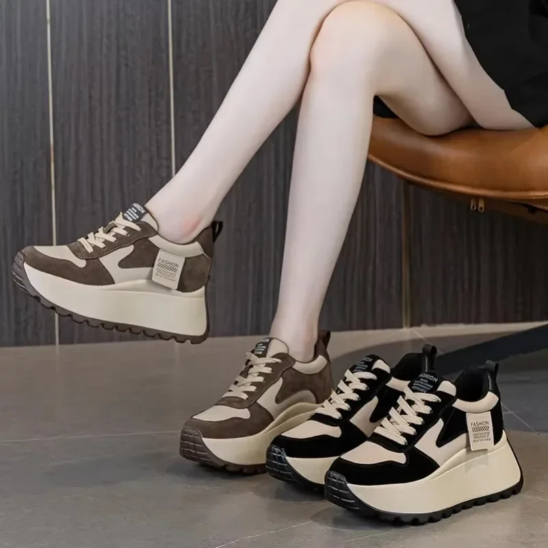 Fujin 8cm Microfiber Leather Platform Wedge Fashion Women Spring Autumn Chunky Sneakers Shoes Breathable Comfortable Vulcanize