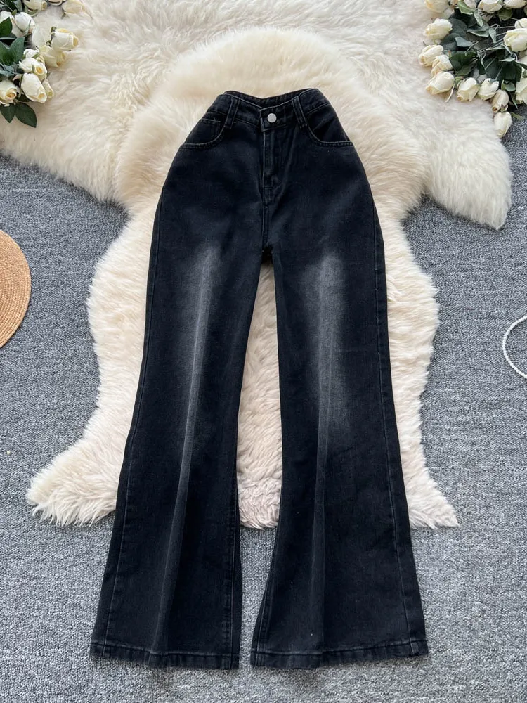 Jeans Retro Americanos de Cintura Alta con Efecto Desgastado para Mujer, Plones Anchos Casus de Pierna Ancha, Moda Oto...