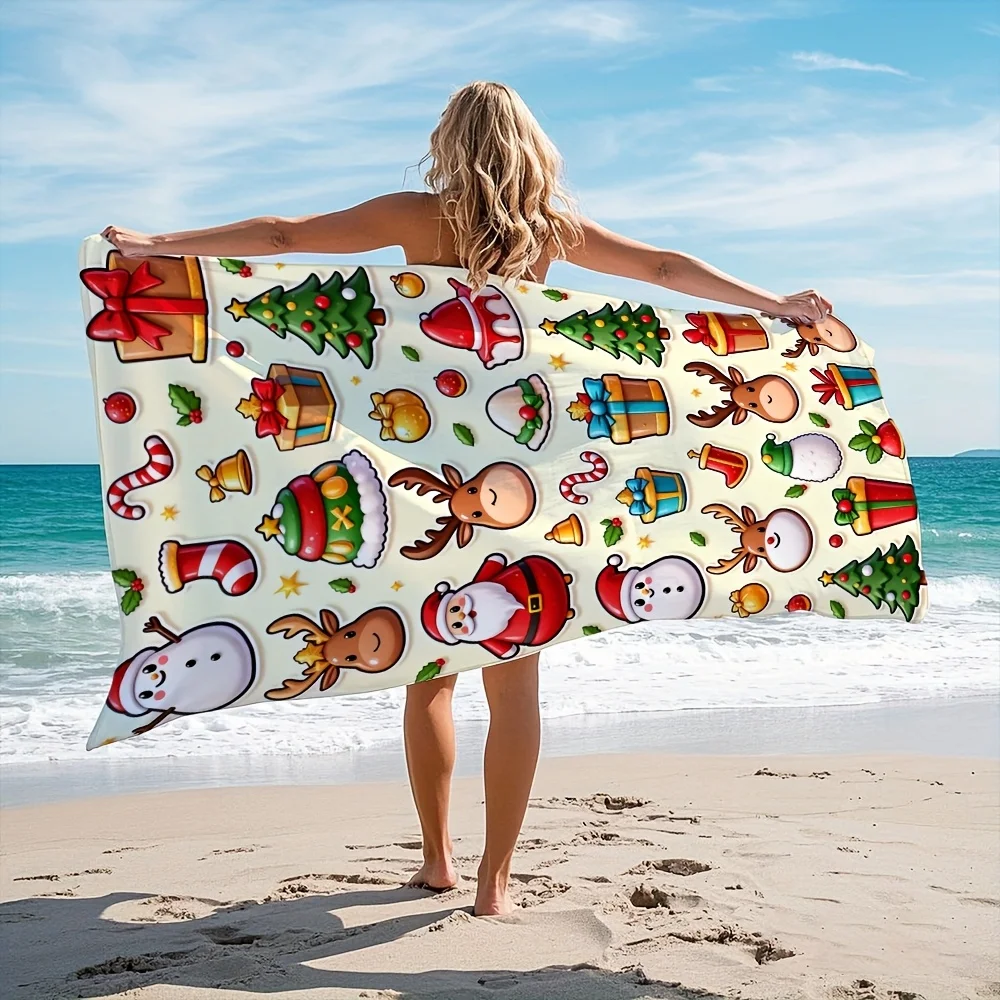 Decorated Christmas Tree Ornament Gift Box Santa Resting Print Beach Towel Cozy Texture for Merry Seaside Holiday Retreat