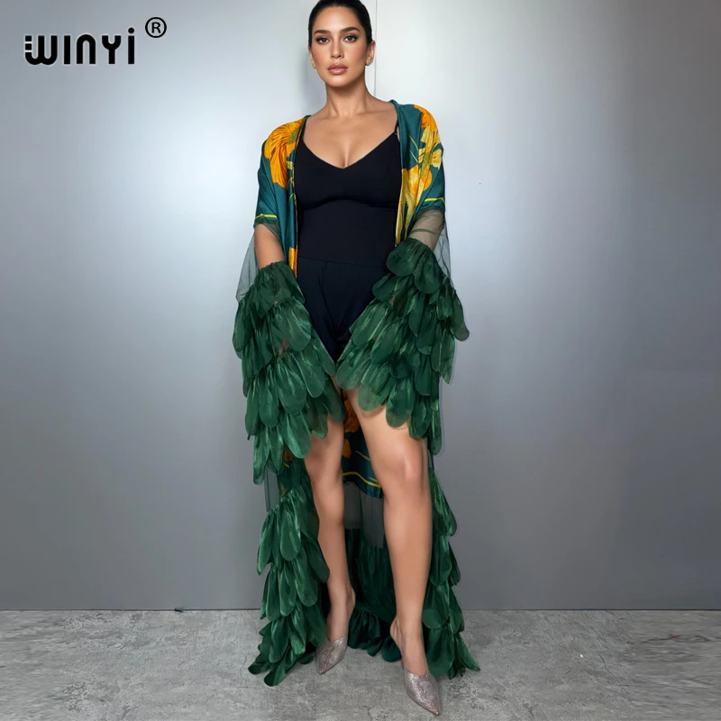 WINYI Middle East Fashion Kimonos Abaya Dubai Luxury for Woman Sexy Lace Cardigan Beach Outfits Beach Cover Up Maxi Coat Kaftan