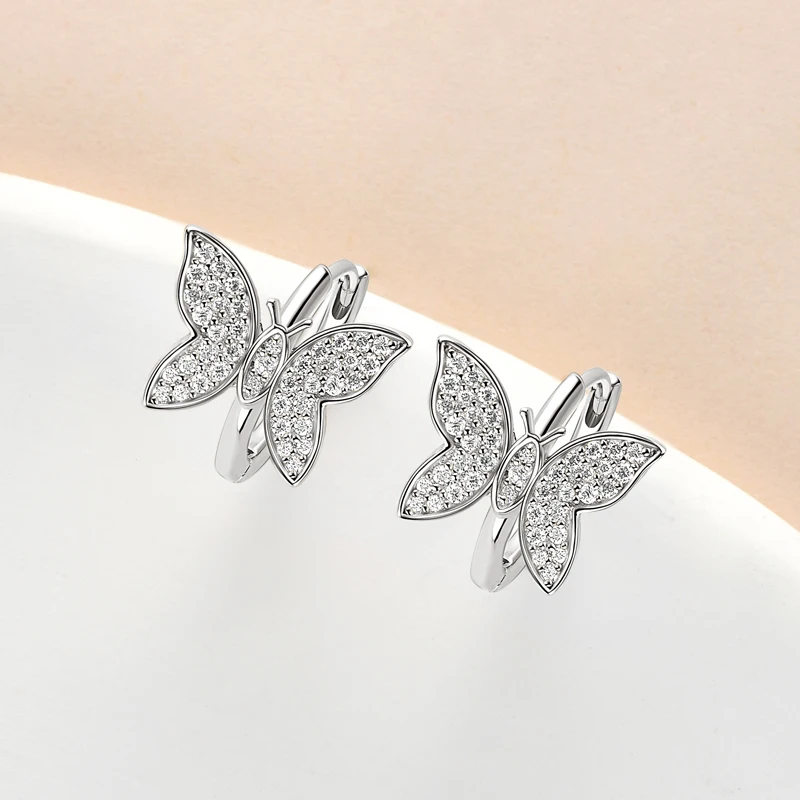 

Exquisite 925 Sterling Silver Butterfly Hoop Earrings Sparkling 1mm&0.8mm Moissanite Earring For Women Wedding Jewelry Gift