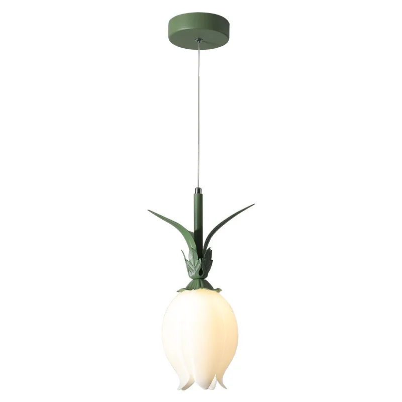 Nordic Style Macaron Green / White Metal Flower Model Pendant Lights Acrylic Blossom LED 7W Cord Hanging Bedside Droplights