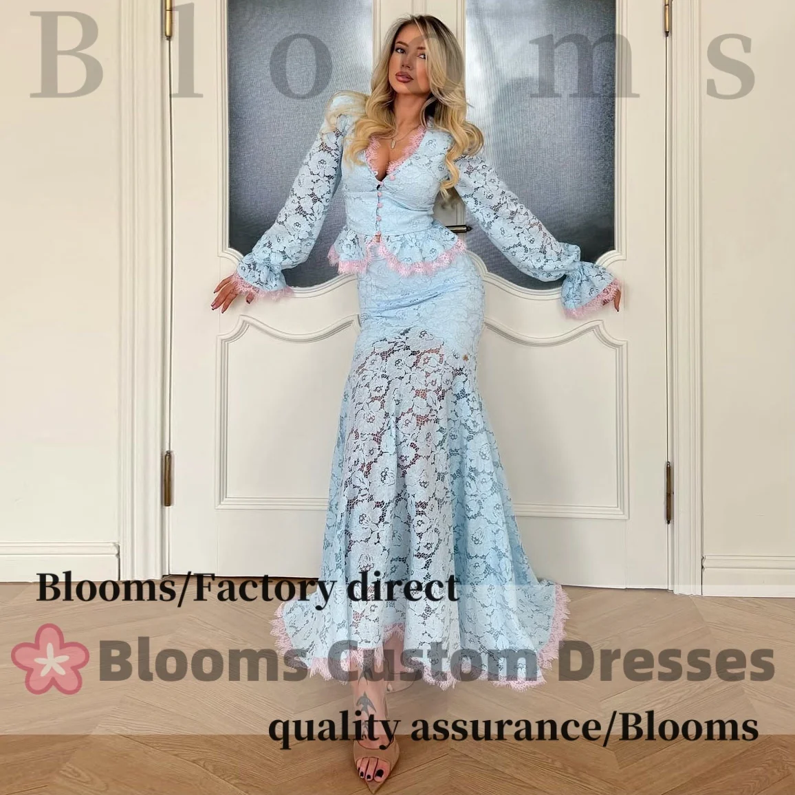 

Customized Light Blue Pink Trim Lace Prom Gown V Neck Long Sleeve Mermaid Evening Dresses 2026 Gorgeous Party Dress