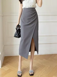 Gray High Waist Asymmetric Slit Suit Skirt Women's Professional Mid-Length A-Line Bodycon Skirt for Summer Commute