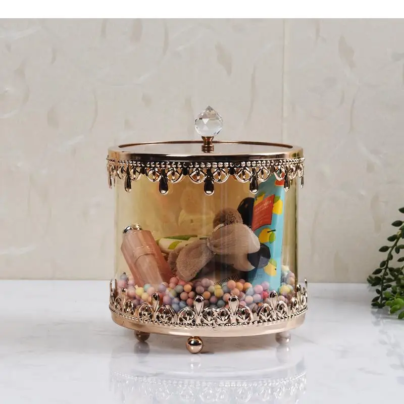 Nordic Crystal Glass Storage Box Jewelry Transparent Candy Tray Jars Dish Gold Powder Alloy Frame Home Decor