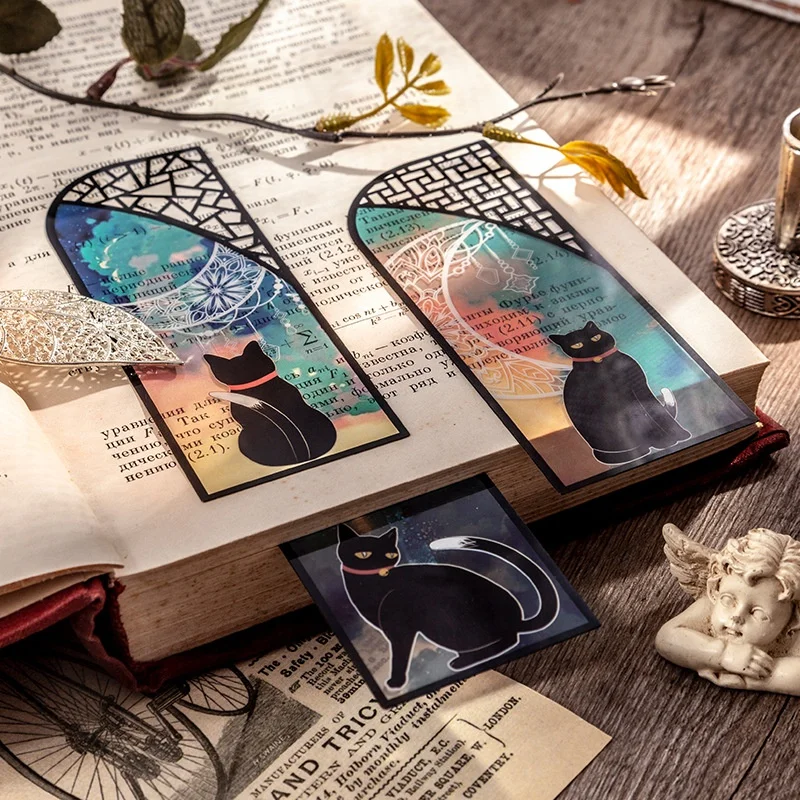 6pcs/pack PET Creative Bookmarks Helia\'s Daily Black Cat Moon Church Snowflake Literature Art Books Card