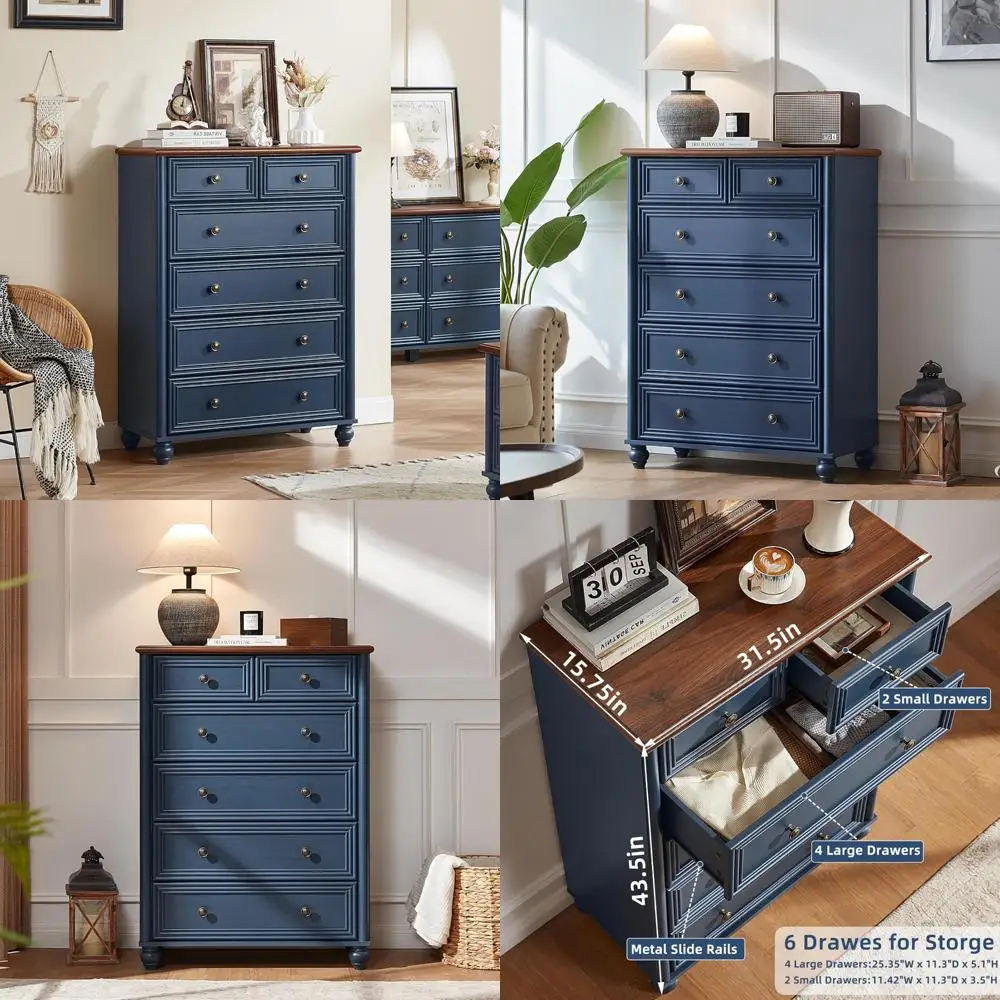 

синий комод для спальни в стиле фермерского дома с 6 ящиками и ножками из массива дерева