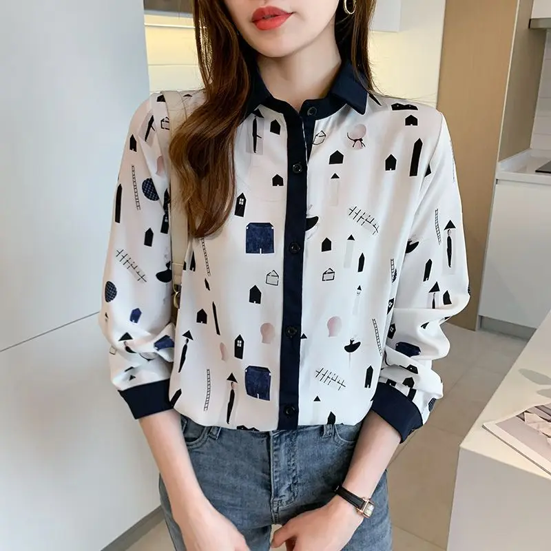 Fashion Commute Spring Autumn New Printed Blouses Women\'s Patchwork Geometric Polo Collar Loose Casual Long Sleeve Button Shirts