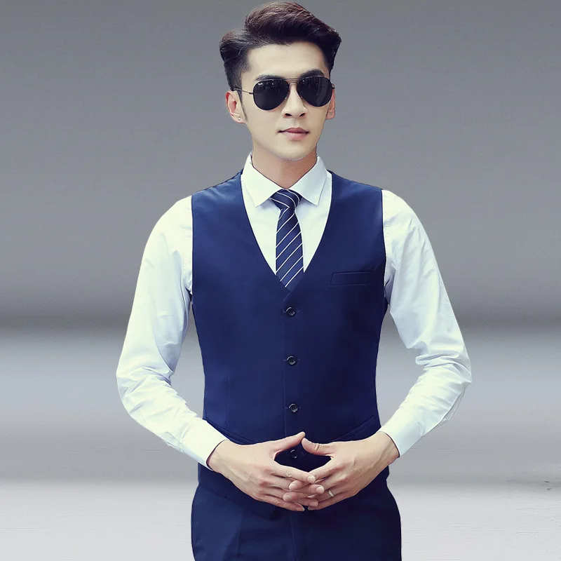 COLDKER Men\'s V-Neck Sleeveless Slim Fit Jacket Casual Vests For Men Blazer Suit Male Waistcoat Black Grey Navy Blue