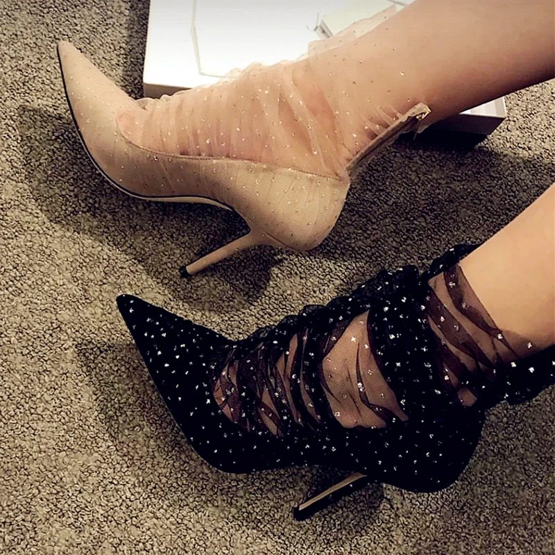 Sexy Ruffled Mesh Lace Covered Translucent Ankle Boots Pointed Toe Woman Dim Lace Summer Boots Thin High Heels Pumps