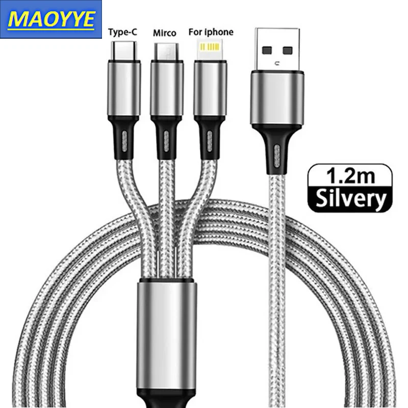 MAOYYE 3 In 1 USB Charger Fast Charging Cable Type C Micro IOS Multi Charger Cable for iPhone Huawei Samsung Nylon Braided Cord