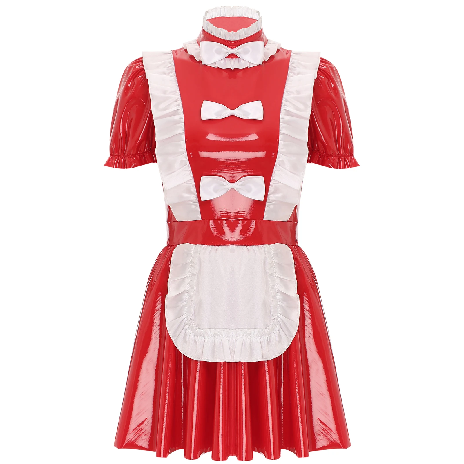 Uniforme de sirvienta traviesa para mujer, vestido de charol brillante, adornos con volantes, delantal con lazo, manga corta abullonada, vestidos de línea a, disfraz de Cosplay