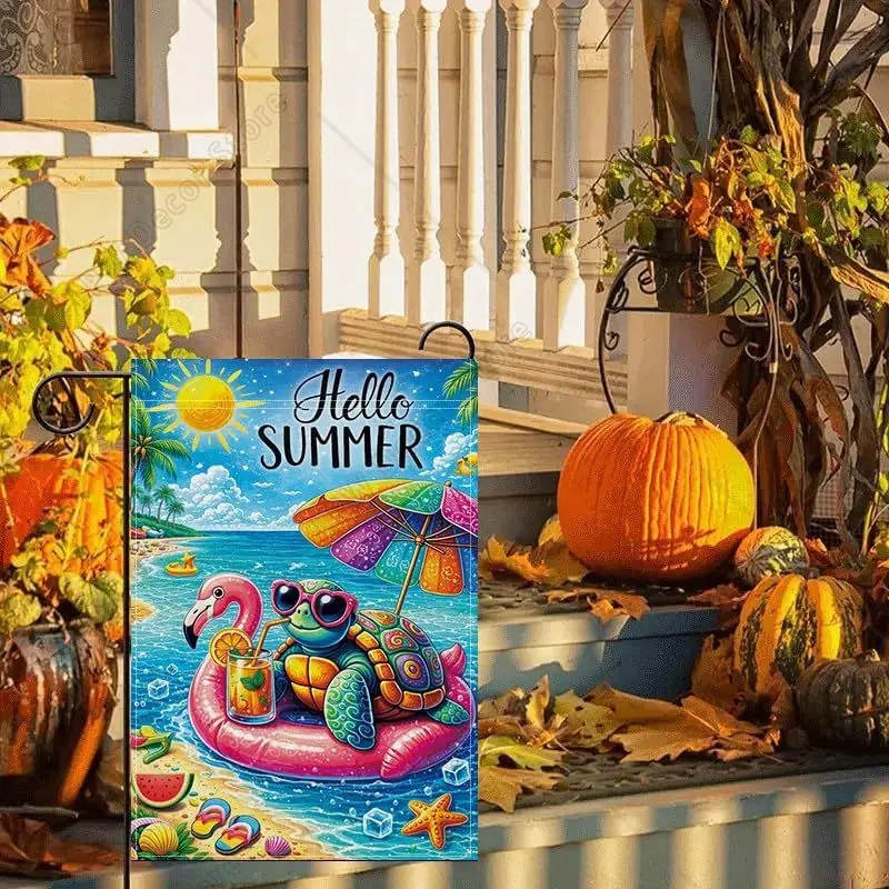 Hello Summer Garden Flag Tropical Beach Garden Flag with Sea Turtle Flamingo Colorful Summer Outdoor Decorative