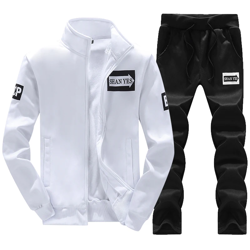 Male Casual Sports Tracksuit 2 Piece Set Letter Patch Stand Collar Zip Jacket Drawstring Sweatpants Men Jogging Outfit