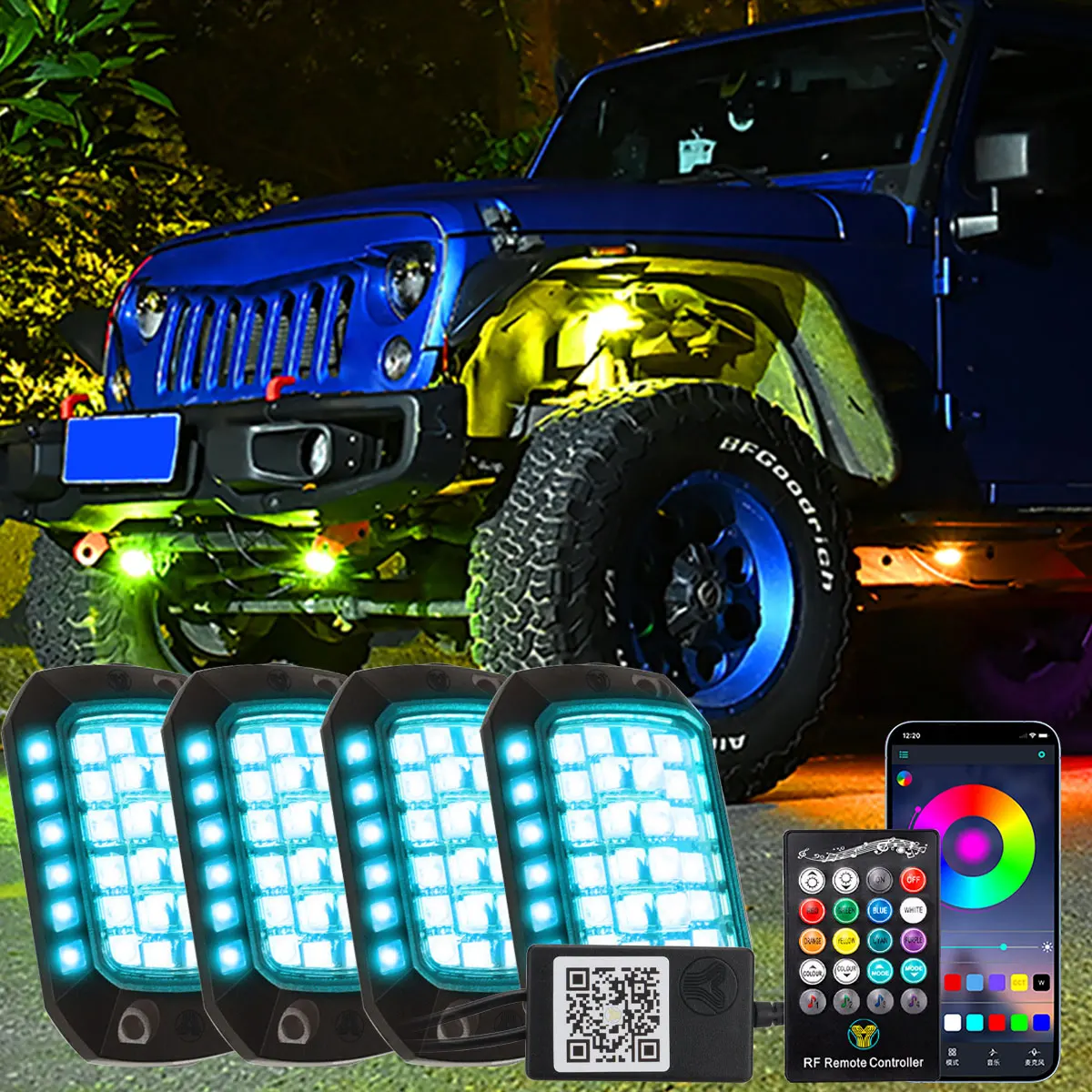 

Автомобильная светодиодная лента для шасси RGB 4/8/12 в 1, рок-освещение, музыкальное приложение, дистанционное управление, декоративный светильник для внедорожного грузовика