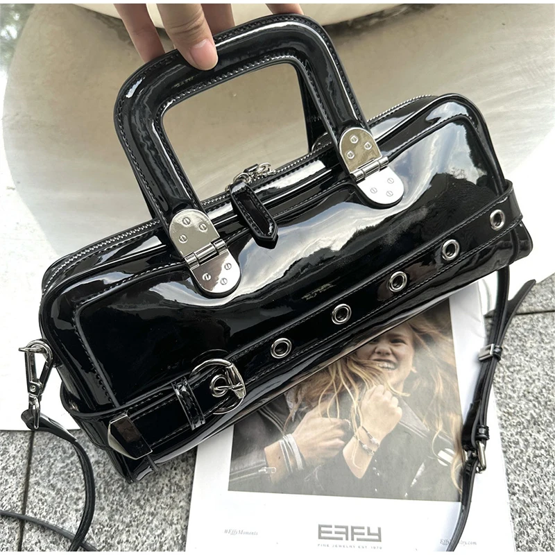 Black Patent Leather Handbag, Fashion Belt Buckle Crossbody Bag Silver Hardware Accessories Square Motorcycle Bag For Cool Girl