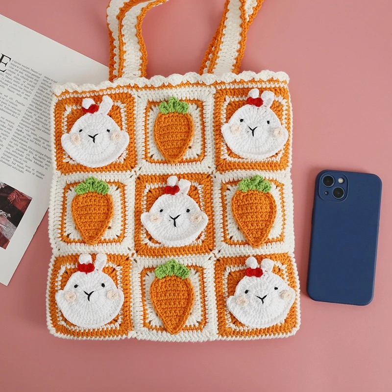 Creative hand-woven cartoon shoulder bag, Weaver wool crocheted rabbit bag, cute grandmother checkered satchel