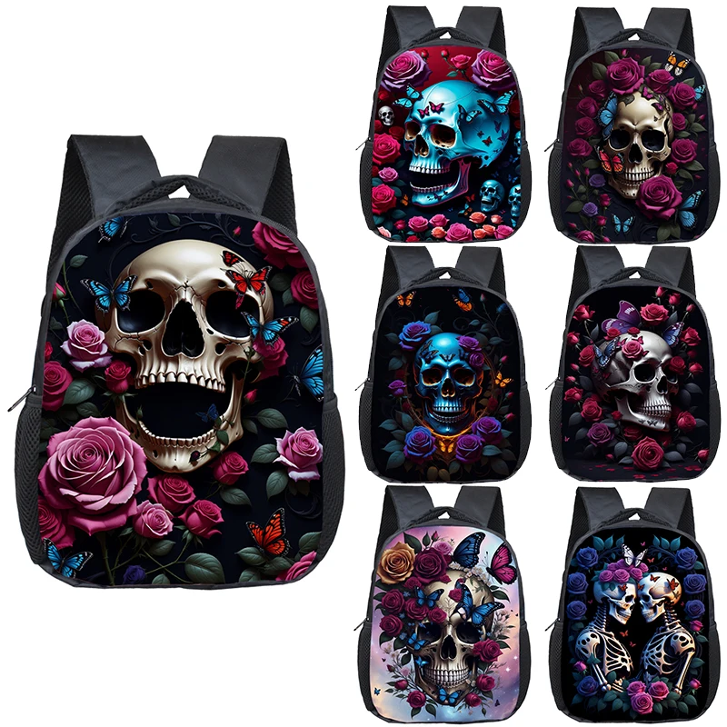 Skull Rose Butterfly Print Backpack Teenagers Boys Girls School Bags Children 12 inch Rucksack Kids Daypack Bookbags Gift
