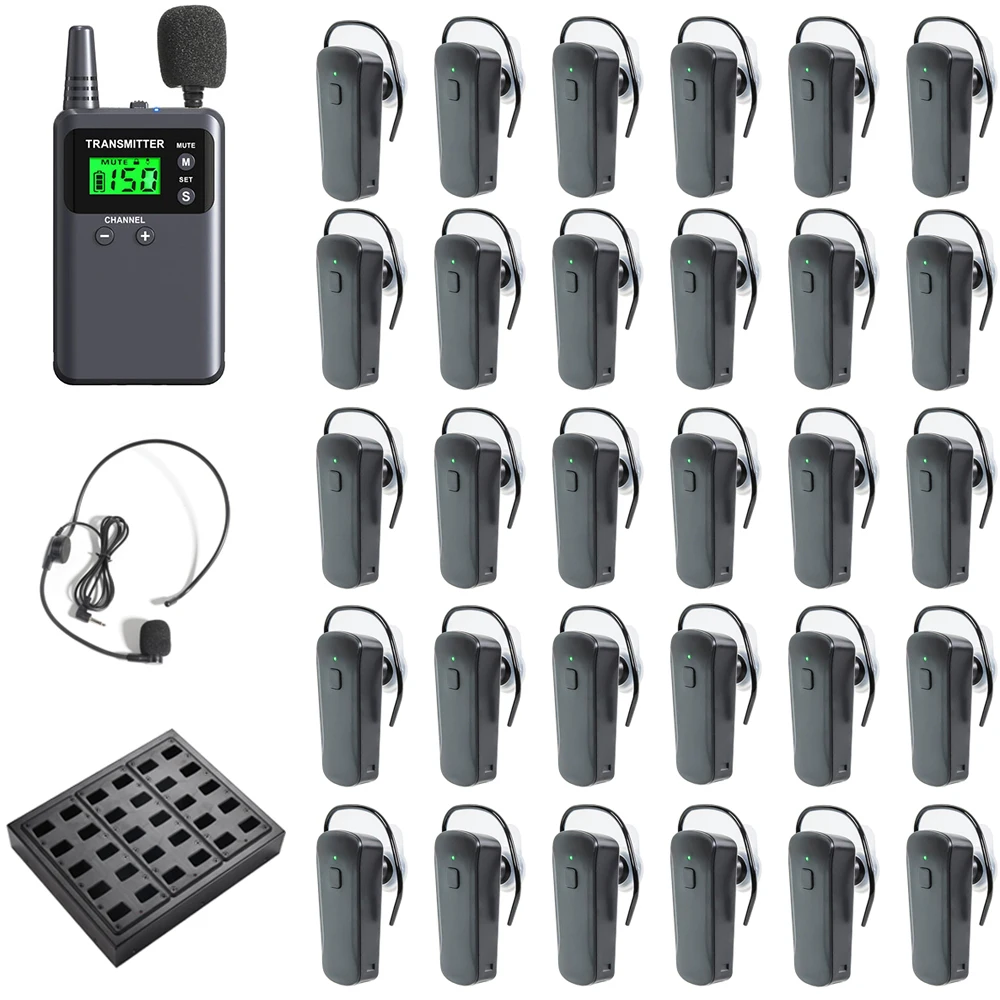 

Wirelesslinkx Whisper Tour Guide System 1 Transmitter 313T-5 with 2 Microphones, 30 Ear Receivers 911R, 1 Charger for Tourism