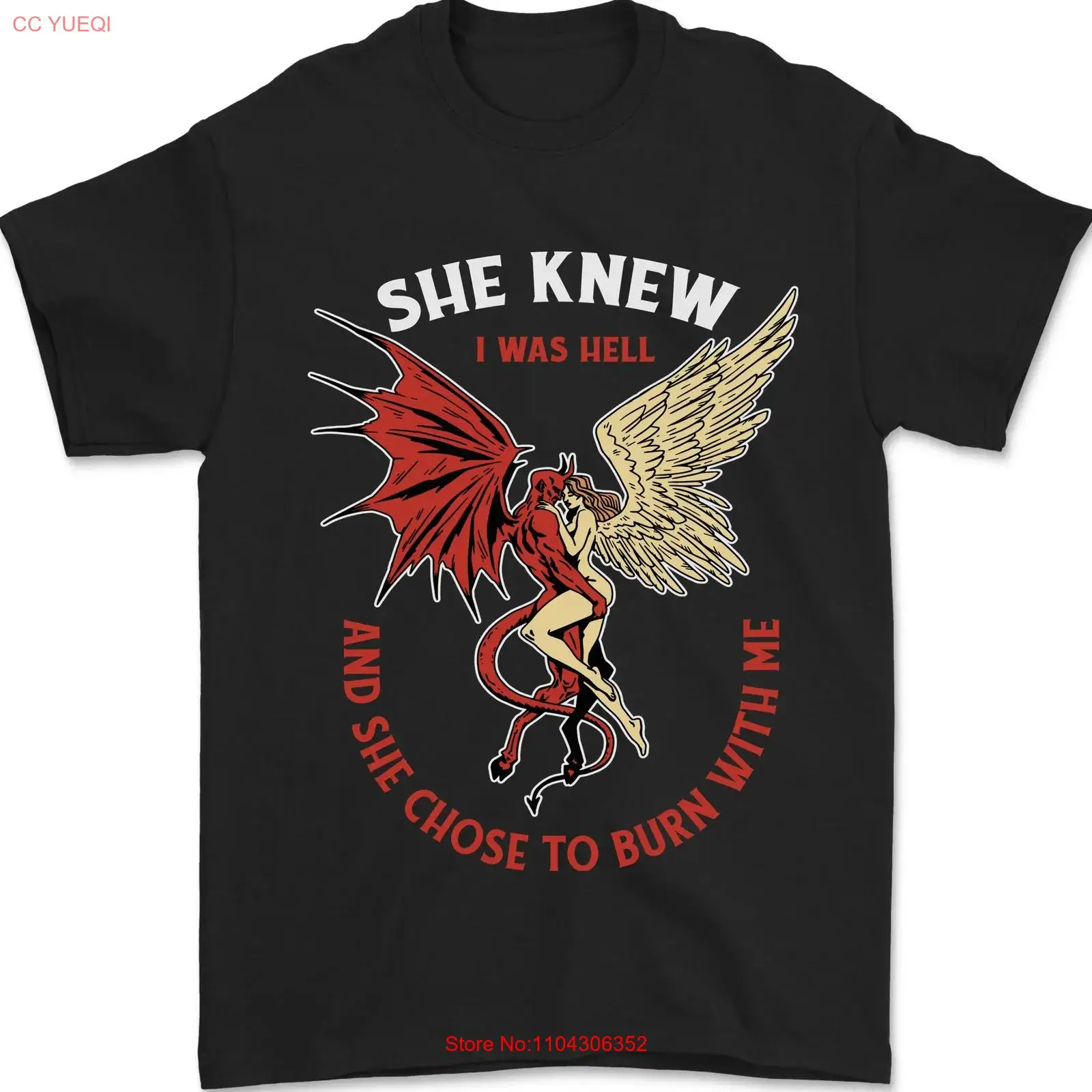 Мужская футболка She Knew I Was Hell Devil & Angel на День Святого Валентина, 100% хлопок Мужская футболка She Knew I Was Hell Devil & Angel на День Святого Валентина, 100% хлопок