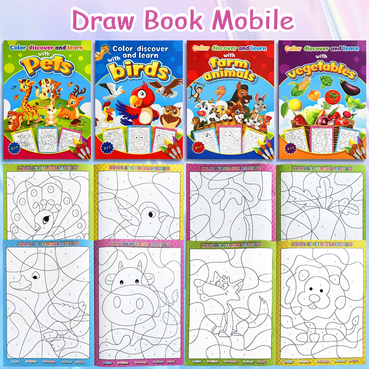 Kids Color By Number Coloring Book Pets Birds Farm Animals And Vegetables Themed Number Guided DIY Art Activity For Preschool