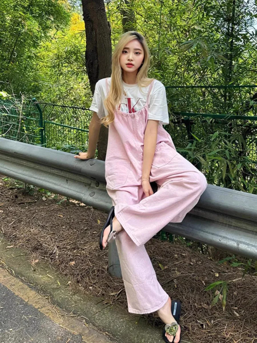 

Pink Denim Overalls Women's Loose Fit Workwear Sle Summer New Arrival Small Size Dopane Casual Pants Straight Leg Trousers