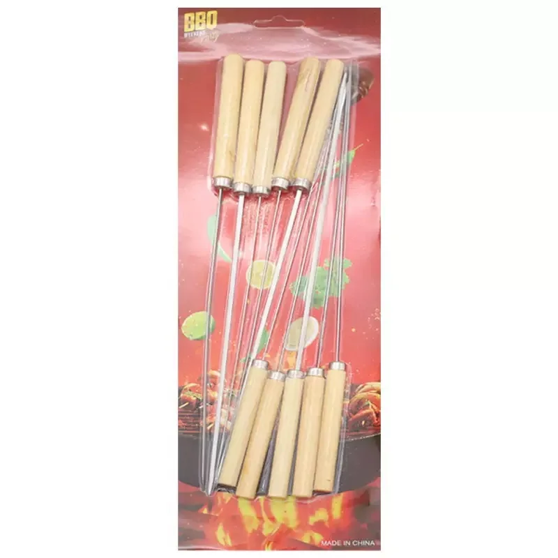 10PCS Brochettes Grilling Stick Reusable Stainless Steel BBQ Skewer Stick Barbecue Rod With Wooden Handle