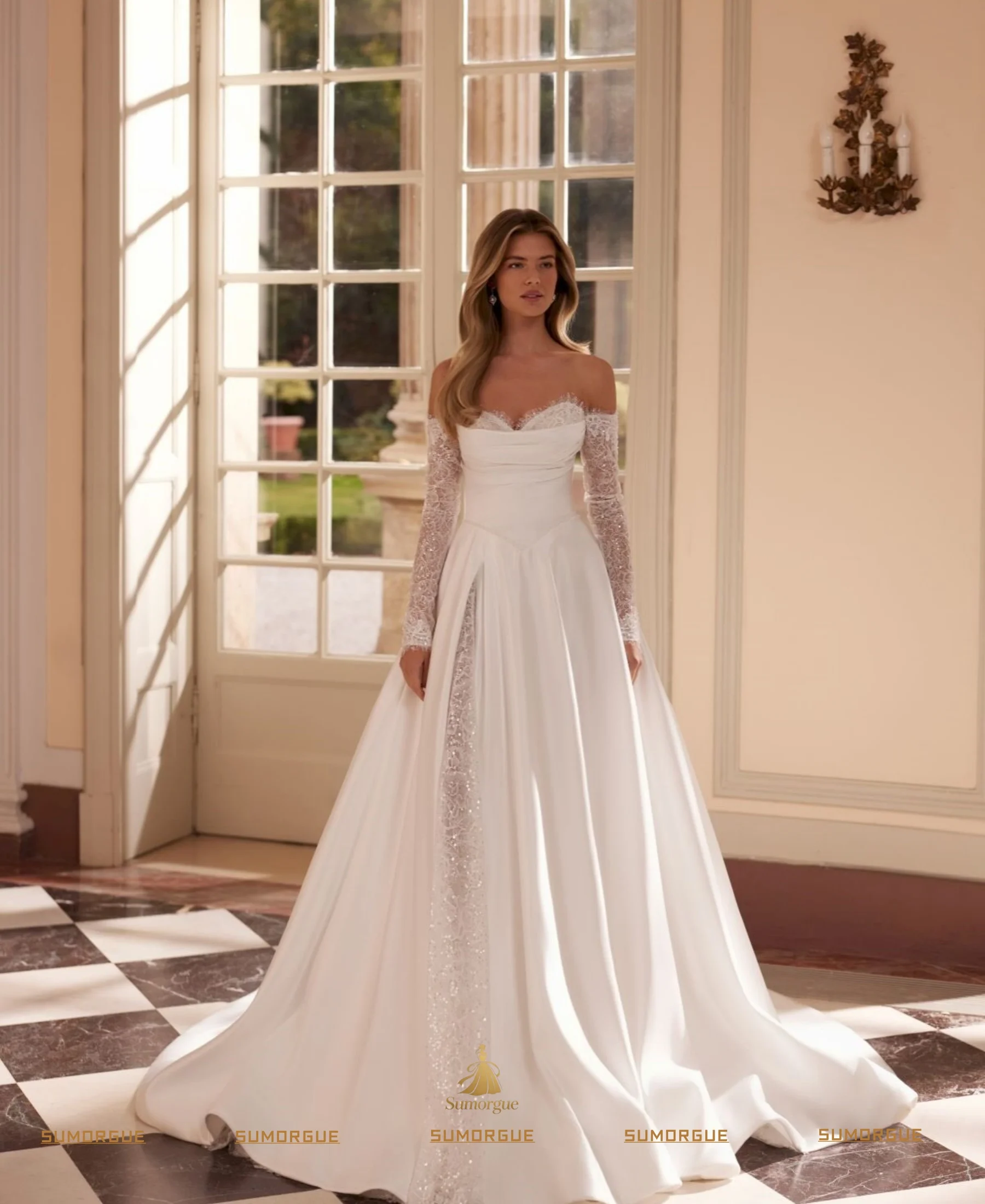 Vintage White Silk Satin Wedding Dress Luxury Sweetheart Long Sleeve A-Line Bride Gown High-end Customized Vestidos De Novia