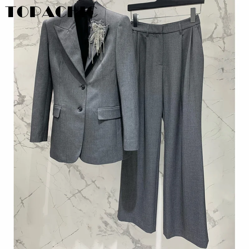 11.6 TOPACHIC-Women High Quality Tassel Decoration Lapel Single Breasted Blazer Or Pleated Waist Straight Pants Office Lady Set