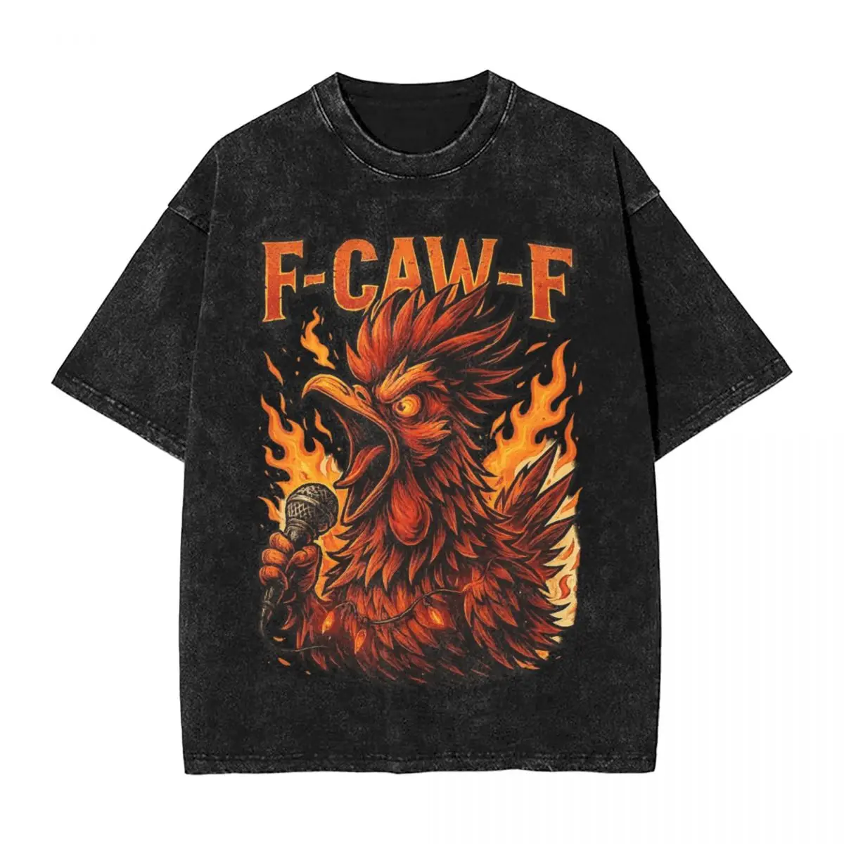 

F-CAW-F Funny Rooster Meme Chicken Quote Washed T-Shirt Mens Retro Cotton T-Shirts Beach Crewneck Hipster Tees Big Size Clothing