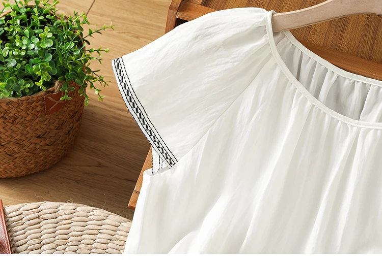 Elegant Ladies O-neck Short Sleeve Summer Cotton Blouses Women Boho Style Holiday Beach Embroidery Top White Navy Blue T-shirt view 5