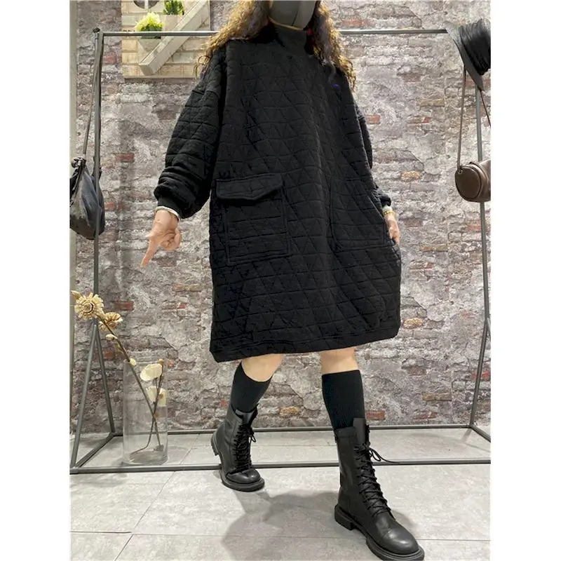 Quilted Pullovers Coat Women Fashion Diamond Check Mid-length Pullover Autumn Winter Trend Vintage Tops Thickened Cotton Coats