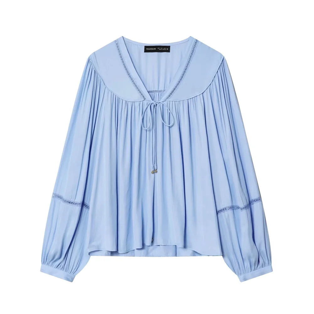 Europejski i amerykański styl, nowa kolekcja jesienna, damska, uniwersalna bluzka z dekoltem w serek, długim rękawem, pionową koronką i efektem zwisania.