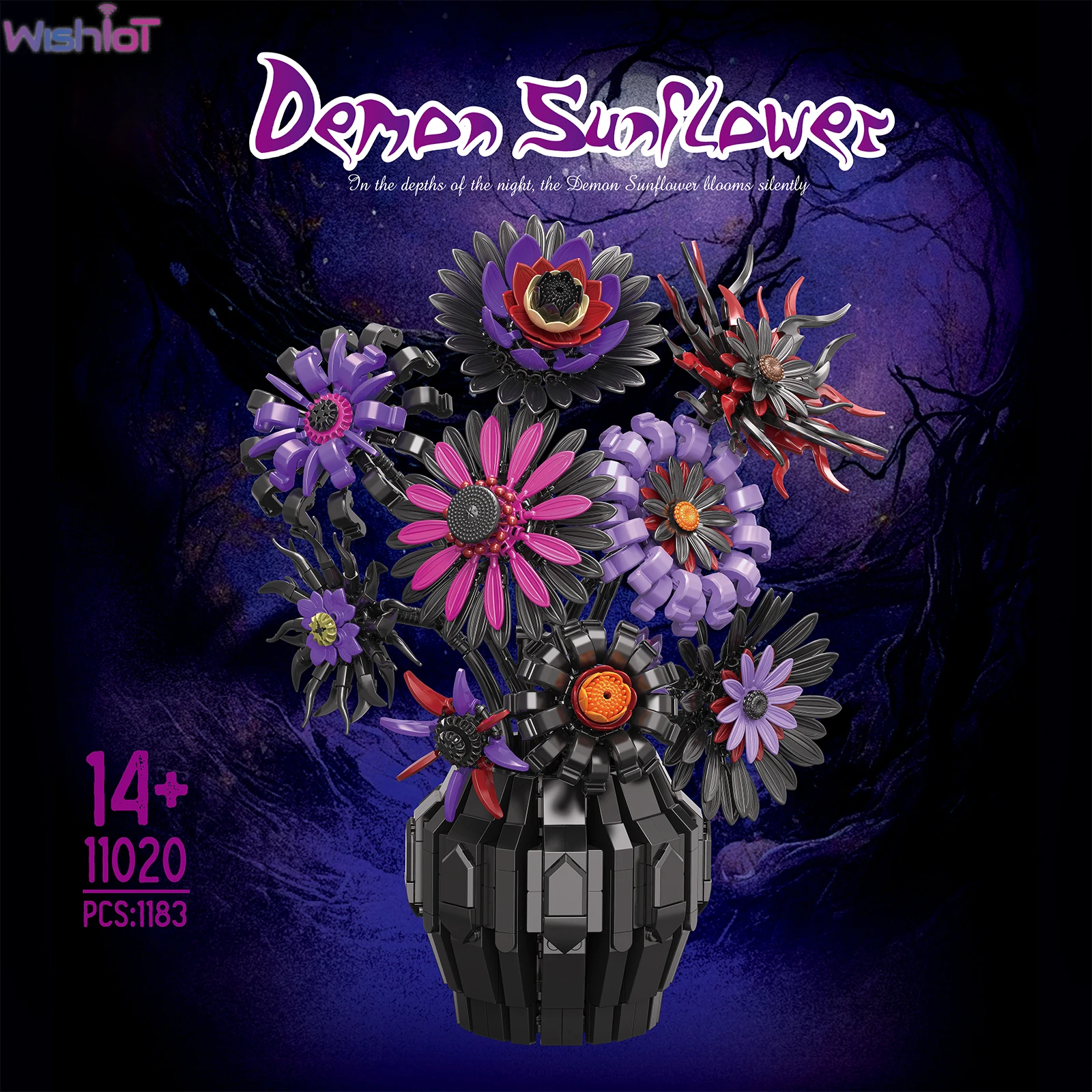 

1183PCS Demon Sunflower Building Blocks Flowers Bouquet Potted Plants Model Home Decor Gothic Photo Props Girls Toys Women Gifts