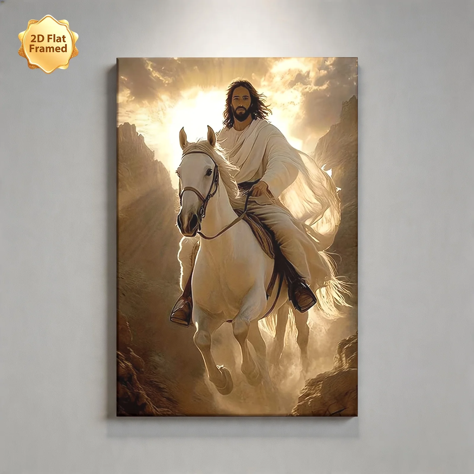 (No frame)2D Flat, 1pc, Framed 2D Flat Canvas Print Riding White Horse in Divine Light, Ideal for Decorating Living Room, Bed