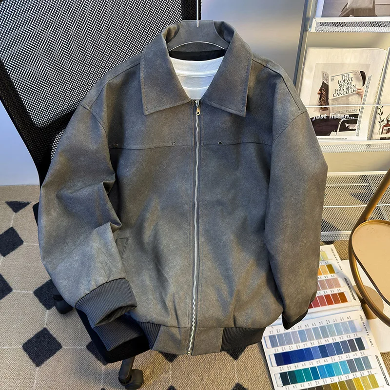 

Men's Splicing Faux Leather Jacket Simple Retro Suede PU Coat American Casual Fashion Male Lapel Safari Style Jackets