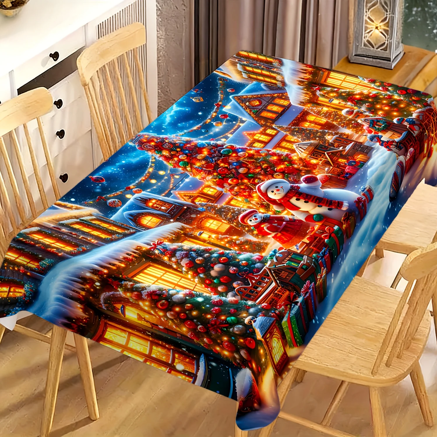 Snow Town Snowman Xmas Tablecloth, Soft Rectangular Washable Table Cover for Daily Dining & Family Holiday Gathering Decor