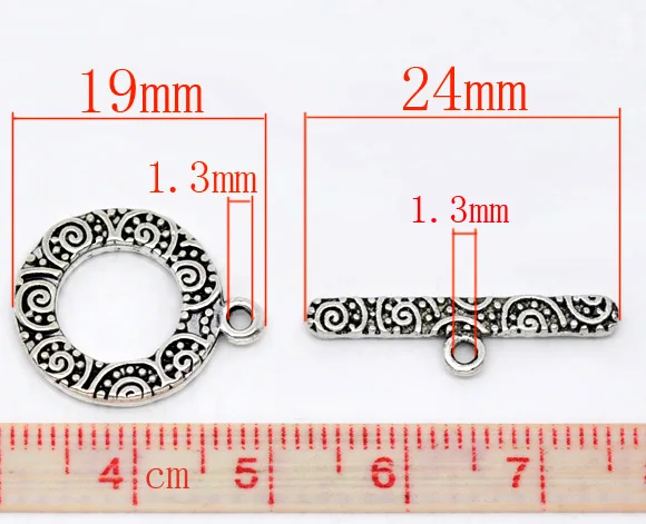 Zinc Based Alloy Toggle Clasps Round Antique Silver Color Circle Carved For DIY Jewelry Making 19mm x 16mm 24mm x 6mm, 3 Sets