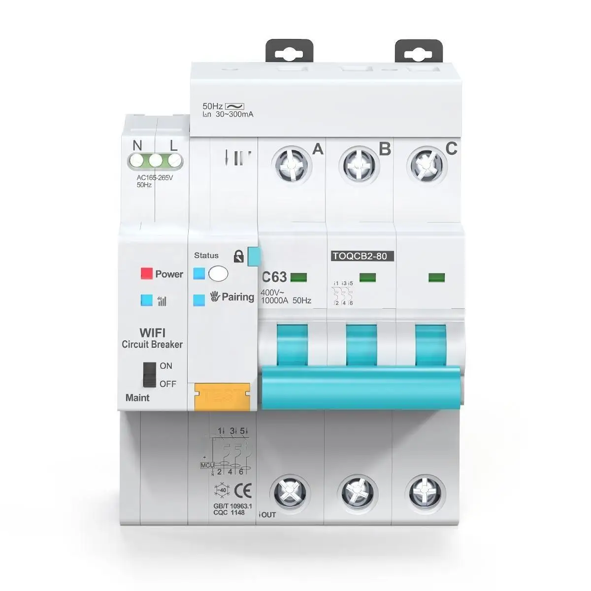 TOQCB2L WiFi Smart RCBO Circuit Breaker, 2P 63A 10kA Breaking Capacity, Rail Mounting with Leakage Protection for Smart Home