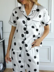 Dot Print Satin Pajama Set Casual Short Sleeve Button Up Lapel Collar Top & Elastic Pants Women's Sleepwear