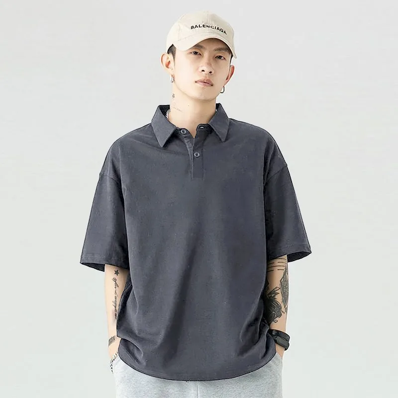 Summer POLO Shirt Men's Loose Solid Color Lapel Short-sleeved White Knitted Sweater