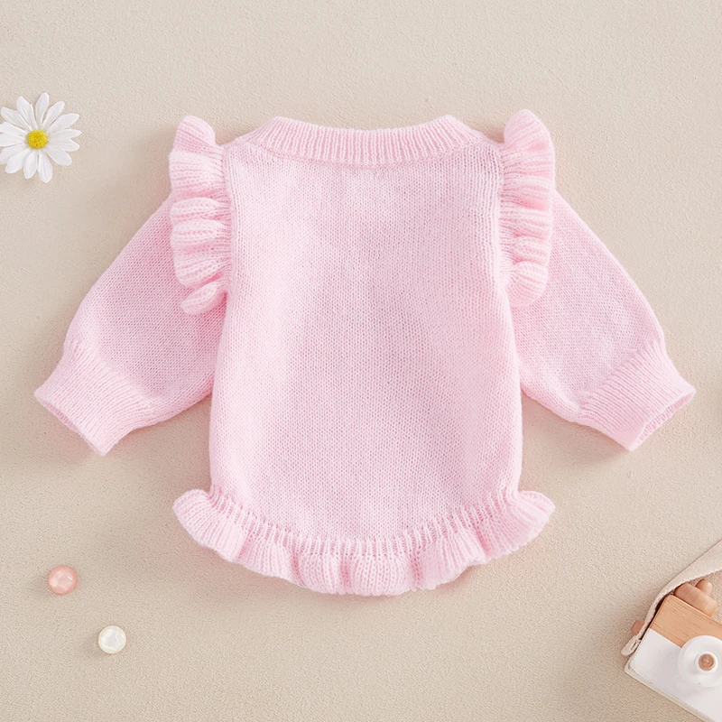 Blotona Newborn Baby Girl Knitted Sweater Romper Ruffled Long Sleeve O-Neck Letter Embroidery Solid Color Romper