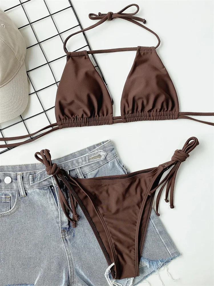 Sexy Bikini 2024 Women Black Brown Halter Hollow Out Push Up Micro Swimsuit Brazilian Bathing Suit Tie Side Triangle Swimwear