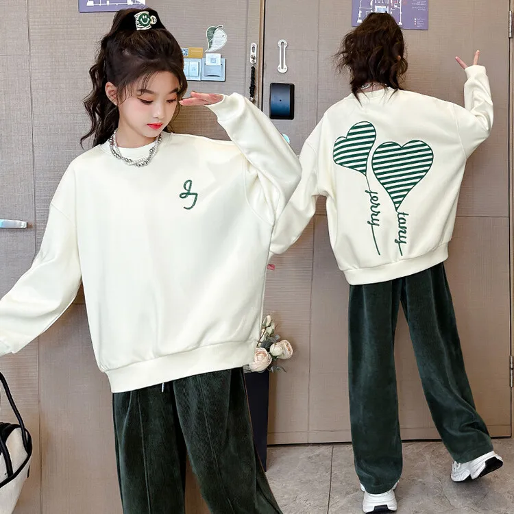 

5-15Y Simplic Heart Print Women Sweatshirt Soft Casual Loose Vintage Female Hoodies 2024 Winter Warm Fleece Student Tops