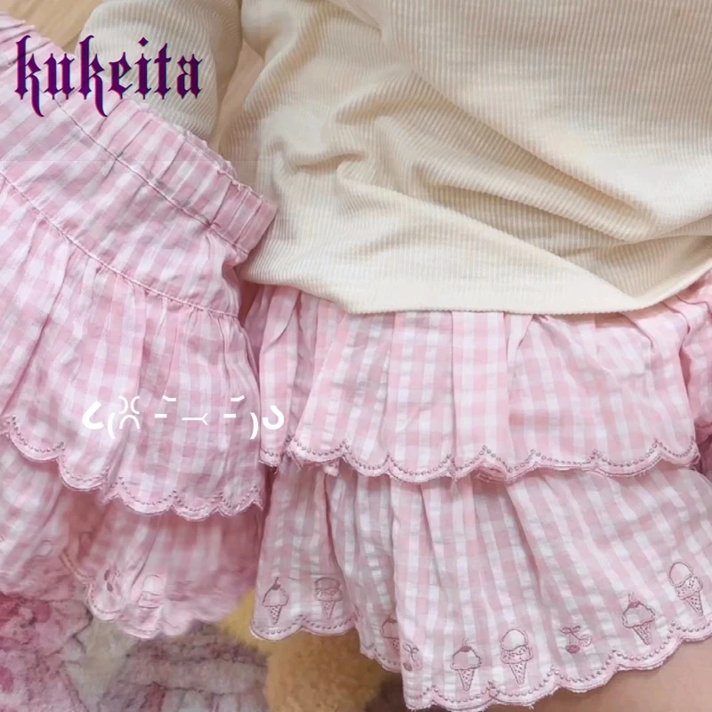 Pink Sweet Plaid Lolita Cake Skirt Women Harajuku Y2k Bow Embroidery Pleated Mini Skirts Japanese Cute Elastic Waist Short Skirt