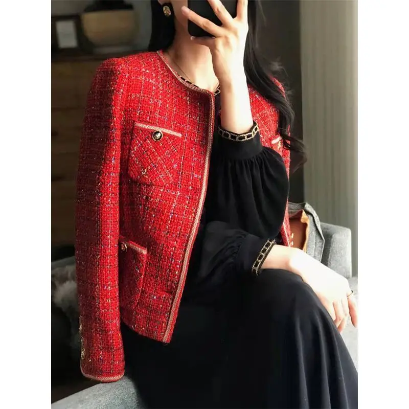 Tweed Blazers Women\'s Short Ins 2022 Autumn Winter Loose Red Round Neck Single-Breasted Suit Jacket