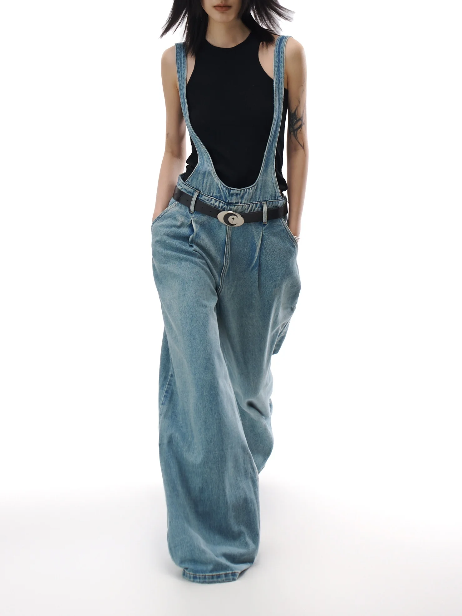 

Retro Blue Wide Leg Denim Overalls Women's Spring Loose Casual One-Piece Clothing Comfortable l Waist Denim Pants