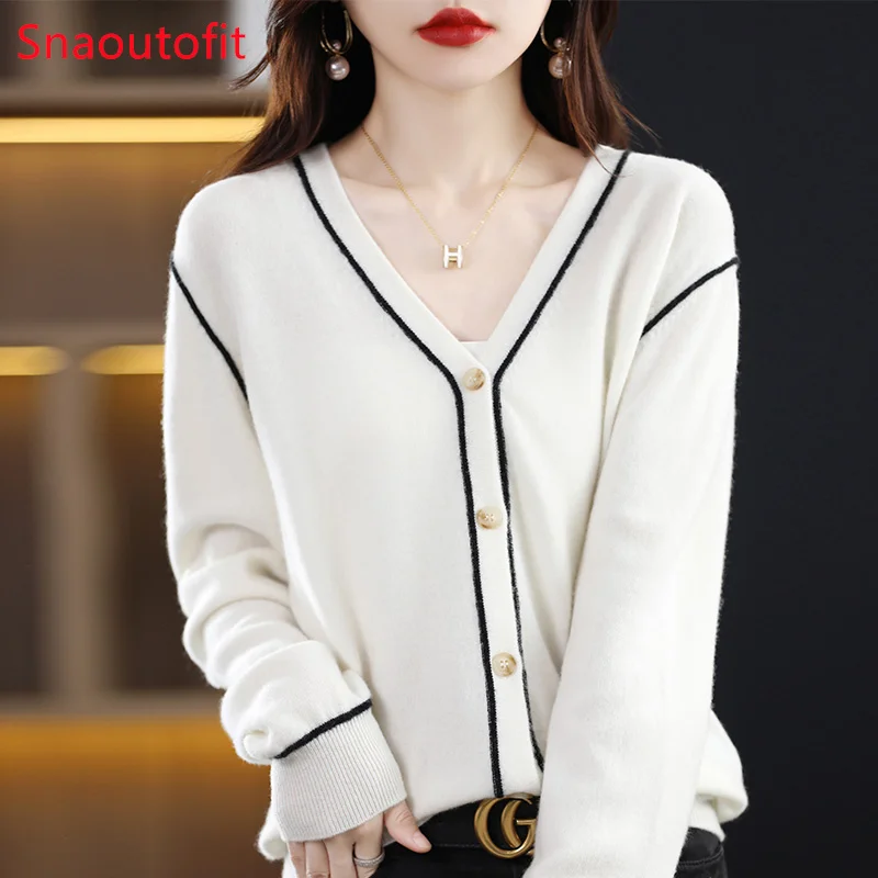 2023 Spring Match Colors V-Neck Wool Cashmere Knitted Cardigan Women\'s Long-Sleeved Top Loose Large Size Outer Wear Coat Sweater